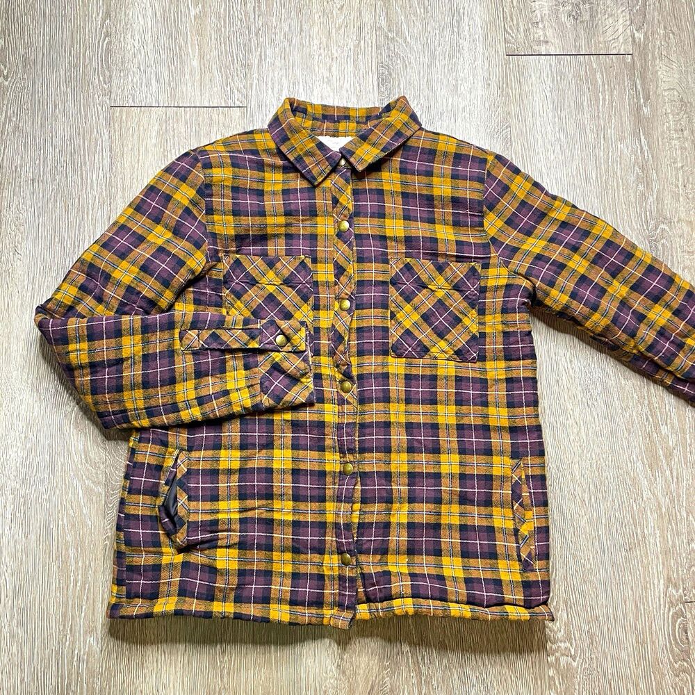 Volcom Women’s Plaid Flannel Faux Fur Lined Button Shacket Yellow Purple M